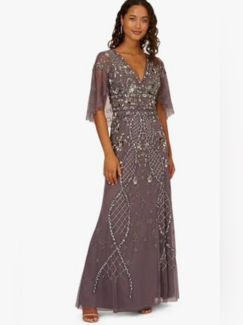 Adrianna Papell Beaded Capelet Evening Gown Evening Gown in Dusty Lavender